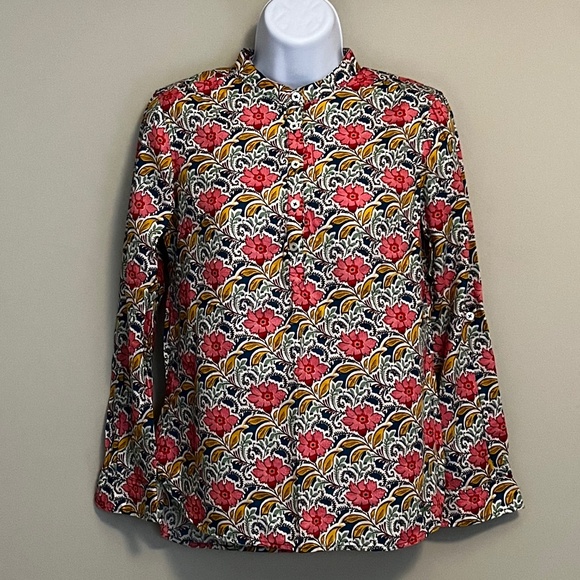 Talbots Tops - Floral Shirt with Henley Collar and Roll-up Sleeve Tab